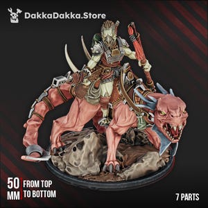 May include: A detailed miniature figure of a warrior riding a pinkish-red dragon-like creature. The warrior is clad in armor and holds a weapon. The figure is 50 mm tall and is made up of 7 parts. The logo for DakkaDakka.Store is in the upper left corner.