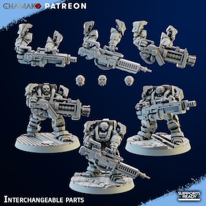 Peut inclure: Ensemble de pièces interchangeables miniatures grises pour une figurine militaire futuriste. L'image présente diverses fixations de bras et d'armes, ainsi que plusieurs figurines dans différentes poses. Le texte "INTERCHANGEABLE PARTS" est visible en bas.