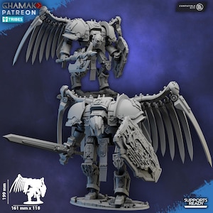 May include: A detailed, gray 3D-printed model of a winged warrior with a sword and shield. The model is approximately 7.8 inches tall and 6.3 inches wide. The image includes the text "GHAMAK PATREON TRIBES" and "SUPPORTS READY".