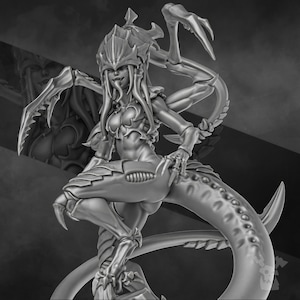 May include: A grayscale 3D-printed figurine of a female warrior with insectoid features. The figure is in a dynamic pose, with multiple clawed limbs and a long, segmented tail. The warrior wears armor and has a helmet.