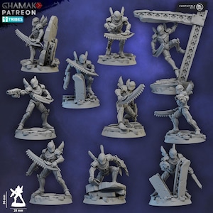 May include: A collection of gray miniature figurines depicting futuristic soldiers with saw-like weapons. The figures are in various action poses, some standing on rocky bases, others climbing structures. The image includes the text "GHAMAK PATREON TRIBES".