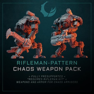 May include: Two detailed, gray and orange robot figures with weapons, set against a dark teal background. The text reads "RIFLEMAN-PATTERN CHAOS WEAPON PACK." The robots are designed with intricate mechanical details.