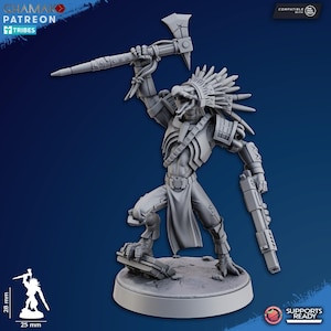 May include: A gray 3D-printed figurine of a humanoid creature with a bird-like head, wearing a feathered headdress and armor. It holds a tomahawk and a futuristic gun. The base is 25 mm in diameter and the figure is 28 mm tall.