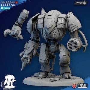 May include: A gray, detailed model of a mechanical robot with a drill arm and claw arm. The robot has a large, armored body and is standing on a circular base. The image includes the text "GHAMAK PATREON TRIBES" and "SUPPORTS READY".