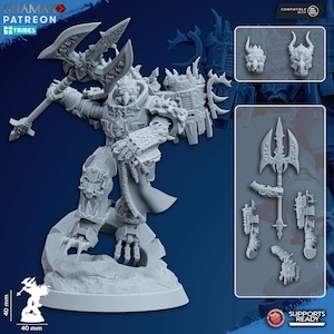 May include: A gray 3D printed miniature of a Chaos Space Marine with a large axe and a horned helmet. The miniature is 40 mm tall and is compatible with Warhammer 40,000.