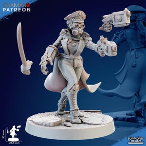 May include: A 3D-printed figurine of a female character in a military uniform, featuring a gas mask, cap, and cape. The figure is holding two futuristic pistols and a sword. The base measures 2.85 cm wide and 3 cm high. The text "CHAMAK PATREON" is visible.