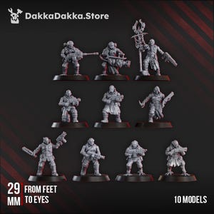 May include: Ten grey miniature soldier models on black bases, each with weapons. The figures are approximately 2.9 cm tall. The DakkaDakka.Store logo is visible. Text indicates the height is 29 mm from feet to eyes.