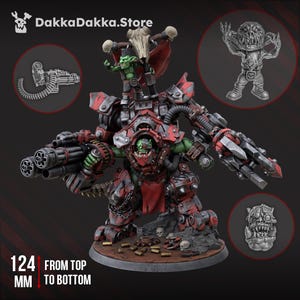 May include: A detailed miniature figure of a war machine with a green-skinned orc in the cockpit and a smaller goblin on top. The figure is primarily red and grey, with large guns and mechanical details. The text "124 mm from top to bottom" is visible.