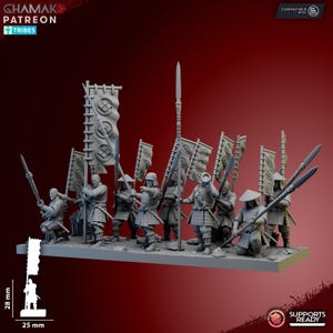 May include: A collection of miniature samurai figures, each with spears, flags, and swords. The figures are in various poses, some kneeling, others standing. The figures are mounted on a rectangular base. The image includes the text "GHAMAK PATREON TRIBES".