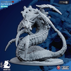 May include: A detailed, gray, 3D-printed monster figurine with multiple limbs and a serpentine body. The figurine is on a round base. The image includes the text "CHAMAKO PATREON TRIBES" and "SUPPORTS READY". The figurine measures 120x92 mm and is 115 mm tall.