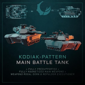 Könnte beinhalten: Zwei Kodiak-Pattern Kampfpanzer, einer im Blaupaustil und der andere detailliert dargestellt. Die Panzer sind grau und orange, mit dem Text "KODIAK-PATTERN MAIN BATTLE TANK". Zusätzlicher Text erwähnt "FULLY PRESUPPORTED" und "FULLY MAGNETIZED MAIN WEAPONS".