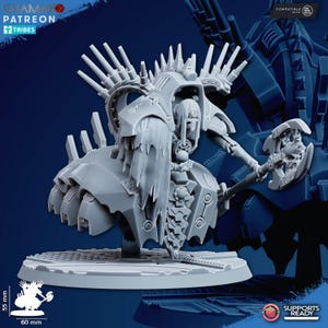 May include: A gray, detailed miniature figure of a warrior with a large axe. The figure has a helmet with spikes and a tattered cloak. The base is 60 mm wide and 55 mm tall.