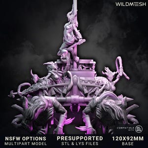 May include: A detailed, purple multipart model featuring several fantasy figures and creatures. The model includes the text "NSFW OPTIONS," "PRESUPPORTED STL & LYS FILES," and "120X92MM BASE." The Wildmesh logo is visible in the upper right corner.