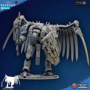 May include: A detailed, gray, mechanical figurine of a winged warrior, holding a sword and shield. The figurine is on a base, with dimensions of 105 x 170 mm and a height of 209 mm. The image includes text indicating compatibility and support readiness.