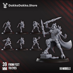 May include: A selection of grey miniature figures, including humanoid robots and a larger figure with swords. The figures are on black bases. The text "39 mm from feet to eyes" and "10 models" is visible.