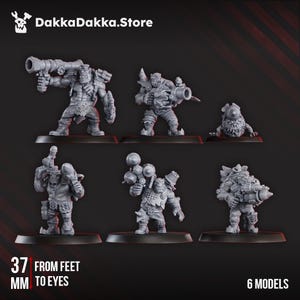 May include: Six grey Ork models with different weapons and armour are shown. The models are on black bases. Text on the image reads "DakkaDakka.Store", "37 MM FROM FEET TO EYES", and "6 MODELS".