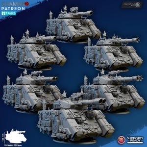 Può includere: Diversi modelli di carri armati grigi in miniatura con design dettagliati, tra cui torrette e cannoni. L'immagine include il testo "CHAMAK PATREON TRIBES" e "SUPPORTS READY". I carri armati misurano circa 10 cm per 10 cm e 12,3 cm di altezza.