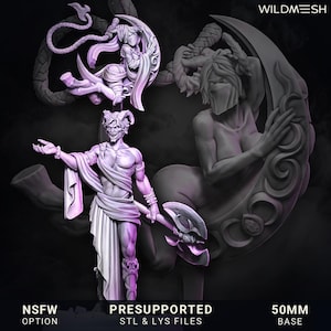 Könnte beinhalten: Ein digitales Bild zeigt drei detaillierte, hellviolette Fantasy-Figuren. Eine Figur ist ein gehörnter Humanoider mit einem lächelnden Gesicht, der eine Waffe hält. Eine andere ist eine Figur, die auf einem Halbmond sitzt. Die dritte Figur ist ein zentaurartiges Wesen. Text enthält "NSFW OPTION", "PRESUPPORTED STL & LYS FILES" und "50MM BASE".