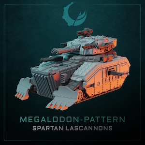 May include: A detailed, gray and white model of a tank with multiple turrets and cannons. The tank has a large, rectangular body with tracks and a front blade. The text "MEGALODON-PATTERN SPARTAN LASCANNONS" is displayed below the tank.
