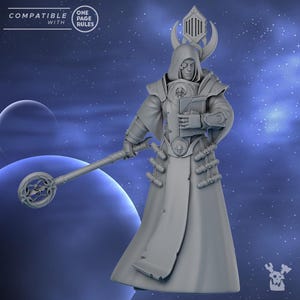 May include: A grey miniature figure of a robed character holding a staff and a book. The figure has a hood, a monocle, and armour details. The staff has a detailed orb at the top. The background is a space scene with planets and stars. Text on the top left says "COMPATIBLE WITH" and "ONE PAGE RULES".