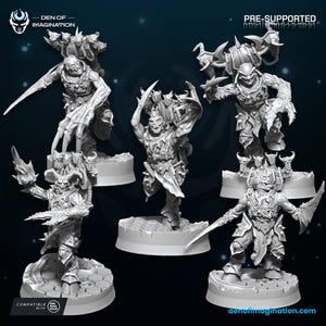 May include: A collection of pre-supported, detailed miniature figures. The figures are in various action poses, with intricate armor and weaponry. The figures are on hexagonal bases. The Den of Imagination logo is in the upper left corner.
