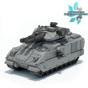 Pode incluir: Um modelo de tanque cinza com múltiplas torres e um design complexo. O tanque tem um corpo quadrado com esteiras e faróis visíveis. O texto "MAELSTROM DESIGNWORKS" é visível no canto superior direito.