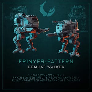 May include: Two detailed, gray and orange combat walker models with articulated weapons. The text "ERINYES-PATTERN COMBAT WALKER" is displayed below the models, along with additional text about the product's features.