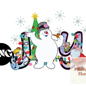 May include: A festive Christmas-themed design featuring a snowman with a red nose and a pipe, holding a string of lights. The snowman is standing in front of a Christmas tree and the letters "J" and "U" decorated with lights. The letters are in a purple and pink color scheme.