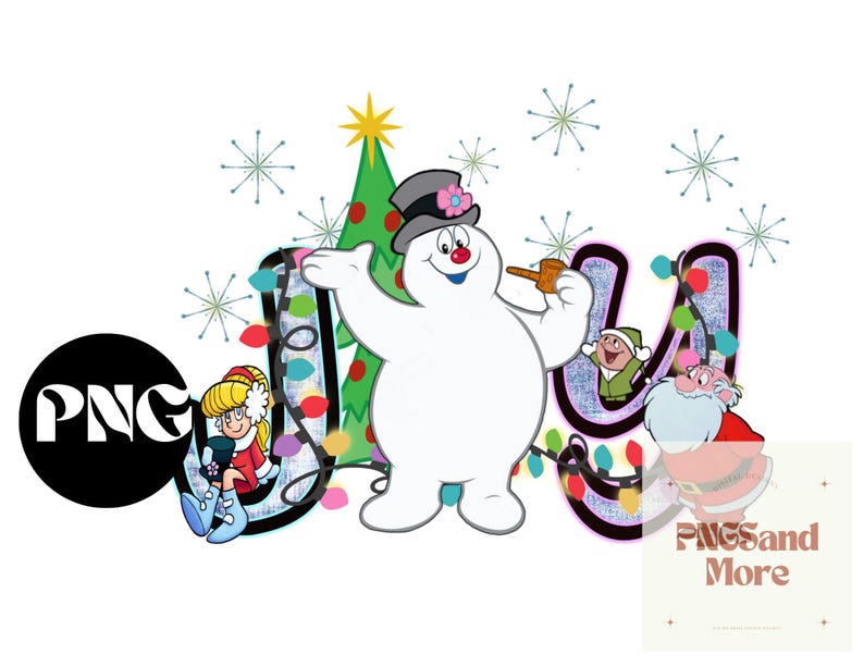 May include: A festive Christmas-themed design featuring a snowman with a red nose and a pipe, holding a string of lights. The snowman is standing in front of a Christmas tree and the letters "J" and "U" decorated with lights. The letters are in a purple and pink color scheme.