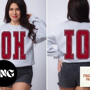 May include: A grey sweatshirt with a red "OHIO" graphic on the front and a red "IO" graphic on the back. The sweatshirt is being modelled by a person.