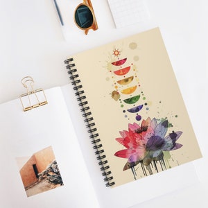 May include: A spiral bound notebook with a beige cover featuring a watercolor illustration of a rainbow-colored lotus flower with water droplets. The flower is surrounded by a series of rainbow-colored half circles.