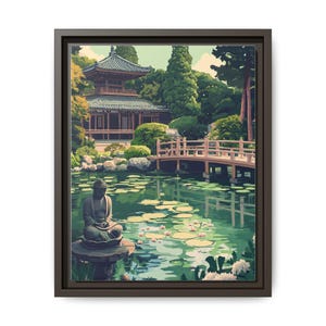 Leinwanddruck, Japanischer Garten Aquarell Buddha Print, Gerahmt - Vintage Poster Home Decor Asiatisch Zen Orientalisch Multicolor Matt