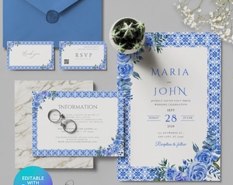 Dusty Blue Wedding Invitation Template Set | Boho Floral Wedding Invite Suite | Light Steel Blue RSVP | Editable Download | Canva