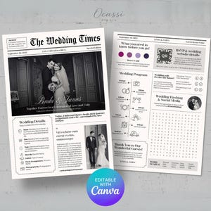 Peut inclure: Une conception de journal de mariage en noir et blanc intitulée "The Wedding Times" avec des photos du couple, des détails du mariage et le programme. Comprend le texte "Editable with Canva".