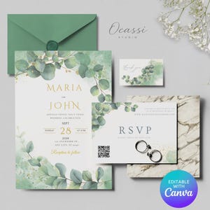 Puede incluir: Conjunto de invitaciones de boda con un diseño de eucalipto verde y dorado. La invitación presenta los nombres Maria y John, la fecha 28 de septiembre de 2029 y la hora 4 PM. La tarjeta RSVP presenta un diseño de anillo y el texto "RSVP".