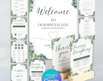 Sage Green Wedding Stationery Set, Invitation, Save the Date, Menu, RSVP, Table Numbers, Signage, Printable Templates, Canva, Greenery Set