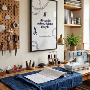 May include: A framed wall poster with the text Left-handed makers, rightful designs and Patterns that work with you, featuring a spool and scissors icon. The poster is displayed in a sewing room with a pegboard, sewing machine, and fabric.