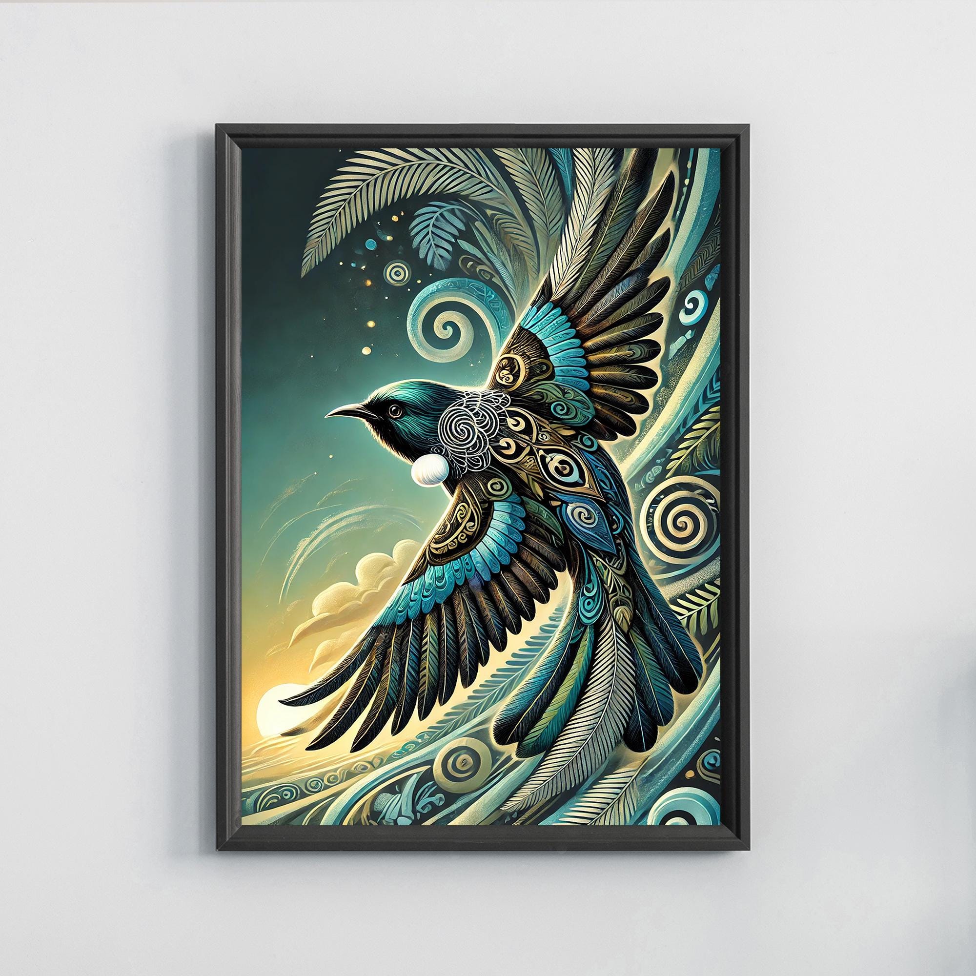 Sunset Tui Print: Māori-inspired New Zealand Bird Art (digital