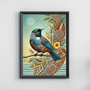 Puede incluir: Una ilustración colorida de un pájaro azul y marrón con intrincados patrones en sus plumas. El pájaro está posado en una rama con flores amarillas y hojas verdes. El fondo es un degradado azul y verde con remolinos y patrones.