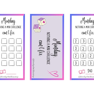 以下が含まれることがあります： ピンクとパープルのグラデーションの背景を持つ、印刷可能なカードが3枚。各カードには「月曜日。どんなチャレンジも乗り越えられる」というテキストと、異なるデザインが施されています。最初のカードには16個の正方形のグリッドがあります。2番目のカードにはハートとサイコロがあります。3番目のカードには、2と3の数字が書かれた16個の正方形のグリッドがあります。