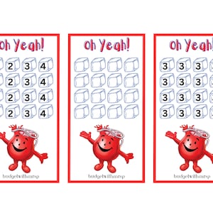 May include: Three printable bingo cards with the text "Oh Yeah!" at the top. The cards feature a red cartoon character with a pitcher of red liquid and a happy face. The first card has numbers 1, 2, 3, and 4 in each square. The second card has blank squares. The third card has the number 3 in each square.