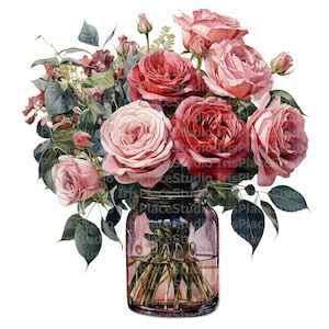 Pink and Red Rose Bouquet in Mason Jar, Rose in Glass Jar, Watercolor, Digital Download, Jpeg, High Quality Print, Floral Arrangement, Rose