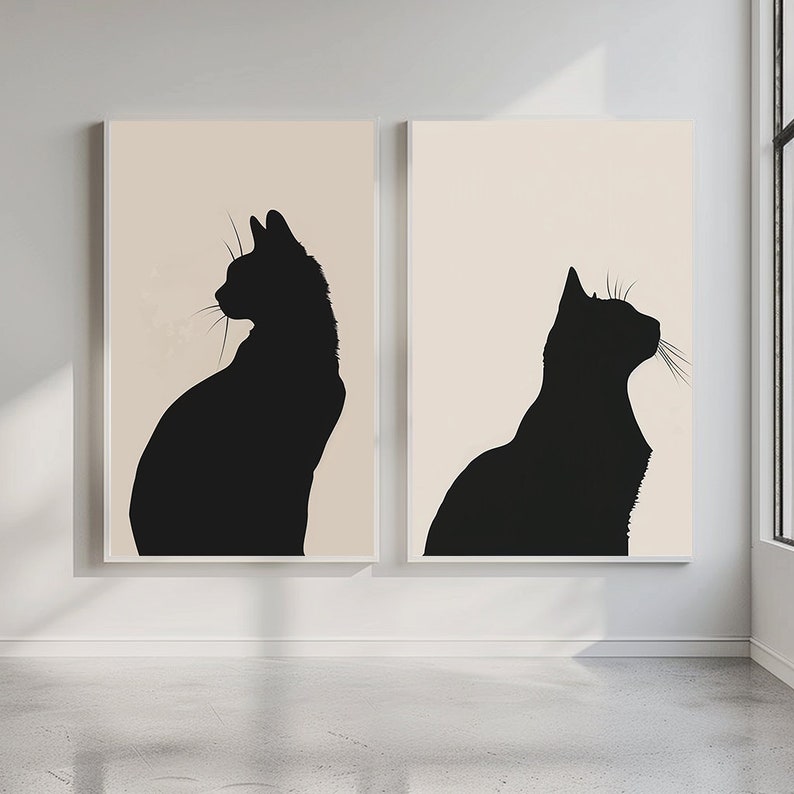 Set of 2 Black Cat Silhouette Portraits Bundle Wall Art Digital ...