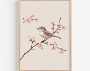 Boho Bird Illustration Portrait Wall Art Digital Download Printable Home Decor Nature Outdoor Aesthetic Vibrant Tones Neutral Cherry Blossom
