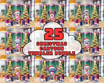 May include: A bundle of 25 Christmas cartoon tumblers. Each tumbler features a festive design with a Christmas tree, gifts, and a cartoon character blowing a bubble. The tumblers are cylindrical and have a straw.