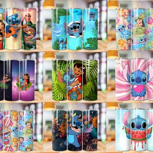 May include: Set of nine stainless steel tumblers with various designs featuring Stitch from Lilo & Stitch. The designs include Stitch playing guitar, Stitch with Lilo, Stitch with a watermelon, Stitch with a heart, and Stitch with flowers.