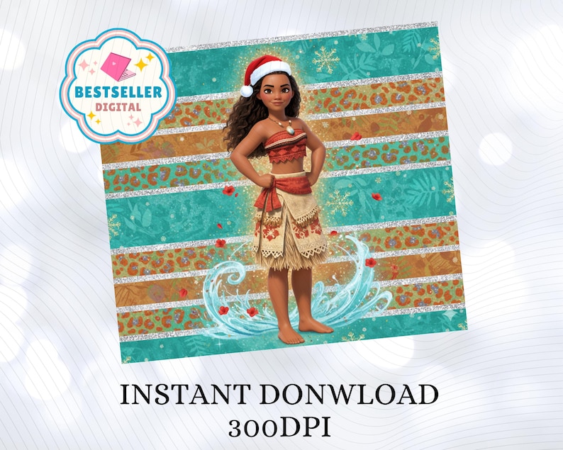 May include: Digital illustration of a character wearing a Santa hat and traditional clothing, standing on a background with teal, brown, and leopard print stripes. The image includes the text "INSTANT DOWNLOAD" and "300DPI". A "BESTSELLER DIGITAL" badge is in the upper left corner.