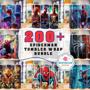 May include: A digital download bundle of 200+ Spiderman tumbler wrap designs. The designs feature various images of Spiderman in different poses and settings, including comic book panels, cityscapes, and web designs. The text "200+ Spiderman Tumbler Wrap Bundle" is displayed in large, bold letters.