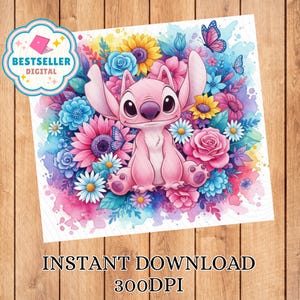 May include: A pink cartoon character is surrounded by a watercolour floral design of blue, pink, yellow, and white flowers, with butterflies. The image includes the text "INSTANT DOWNLOAD" and "300DPI". A "BESTSELLER DIGITAL" badge is in the upper left corner.