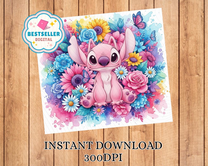May include: A pink cartoon character is surrounded by a watercolour floral design of blue, pink, yellow, and white flowers, with butterflies. The image includes the text "INSTANT DOWNLOAD" and "300DPI". A "BESTSELLER DIGITAL" badge is in the upper left corner.